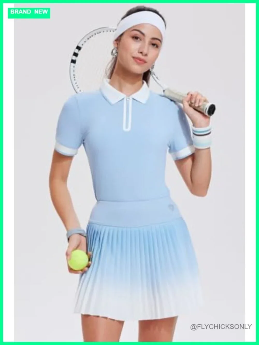 2 Piece Tennis Active Skort Set with Zipper Polo Top & Pleated Skirt